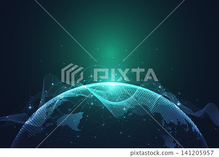 Abstract futuristic global network connection background with glowing planet earth and big data waves. Abstract futuristic global network connection background with glowing planet earth and big data waves. 141205957