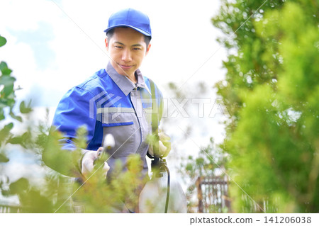 Staff performing pest control work in residential gardens. Staff performing pest control work in residential gardens. 141206038