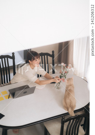 Cheerful young asian woman enjoying relaxed domestic lifestyle sitting at dining table playing with cute pet cat beside modern laptop computer during bright sunny morning Cheerful young asian woman enjoying relaxed domestic lifestyle sitting at dining table playing with cute pet cat beside modern laptop computer during bright sunny morning 141206312