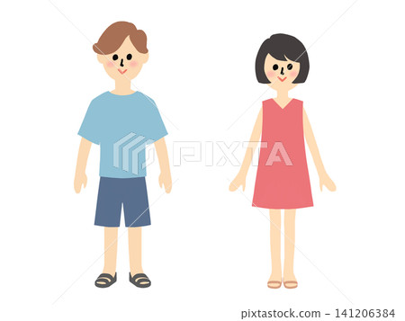 身穿短袖服裝的男女站立人像：包括兒童和成人。 141206384