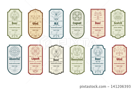 Set of vintage bottle label design with ethnic elements in thin line style Set of vintage bottle label design with ethnic elements in thin line style 141206393