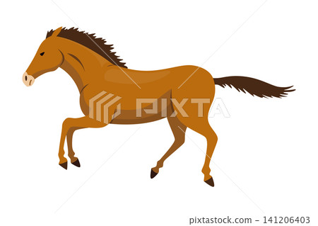 Side view of a stylized brown horse galloping, flowing mane and tail, and smooth simplified shapes on a plain light background Side view of a stylized brown horse galloping, flowing mane and tail, and smooth simplified shapes on a plain light background 141206403