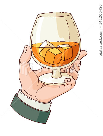 Hand holding glass with strong drink whiskey. Drink whiskey, beverage booze in hand, vintage hand drawing vector illustration Hand holding glass with strong drink whiskey. Drink whiskey, beverage booze in hand, vintage hand drawing vector illustration 141206456