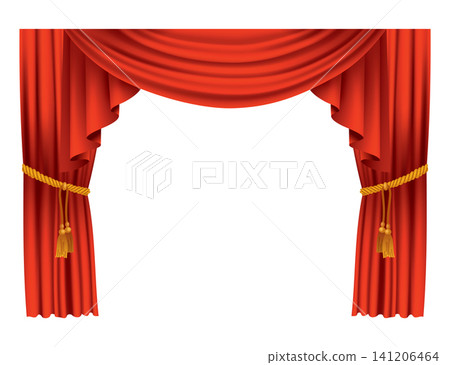 Red curtains realistic. Theater fabric silk decoration for movie cinema or opera hall. Curtains and draperies interior decoration object. Isolated on transparent for theater stage Red curtains realistic. Theater fabric silk decoration for movie cinema or opera hall. Curtains and draperies interior decoration object. Isolated on transparent for theater stage 141206464