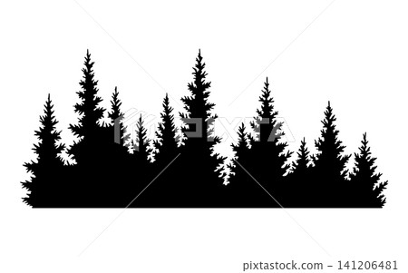 Fir trees silhouette. Coniferous spruce horizontal background pattern, black evergreen woods vector illustration. Beautiful hand drawn panorama of coniferous forest Fir trees silhouette. Coniferous spruce horizontal background pattern, black evergreen woods vector illustration. Beautiful hand drawn panorama of coniferous forest 141206481