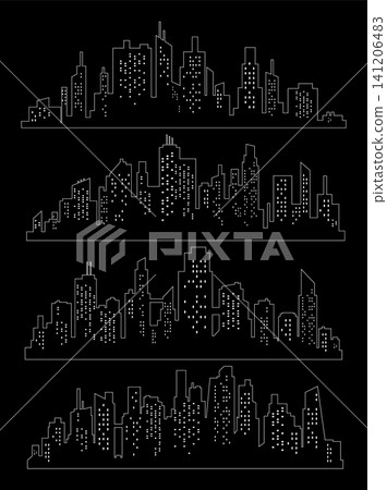 Cityscape silhouette collection. City buildings, night town and horizontal urban panorama silhouettes set. Skyline with windows in a flat style Cityscape silhouette collection. City buildings, night town and horizontal urban panorama silhouettes set. Skyline with windows in a flat style 141206483