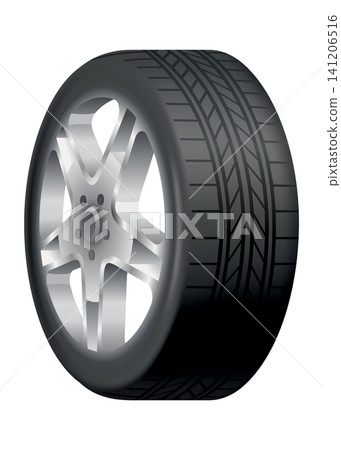 Car tire of rubber with disk. Vector realistic tire. Automobile wheel and maintenance. Truck or vehicle repairing and replacement for next season 141206516