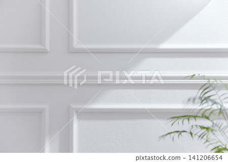 Elegant White Wainscoting Wall Background with Natural Sunlight and Green Plant 141206654