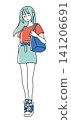 A full-body illustration of a young woman standing with a blue bag and wearing casual summer clothes. 141206691