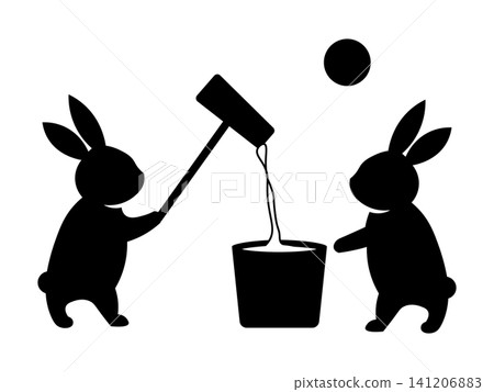 A pictogram of two rabbits pounding mochi rice cakes while enjoying the moon. A pictogram of two rabbits pounding mochi rice cakes while enjoying the moon. 141206883