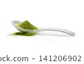 Green Matcha Powder on a White Ceramic Spoon on white background 141206902
