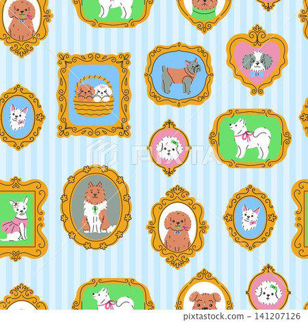 Seamless pattern with cute dog portraits in golden frames. Vector graphics. Seamless pattern with cute dog portraits in golden frames. Vector graphics. 141207126