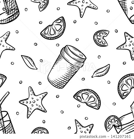Summer seamless pattern, hand-drawn, for fabric, tourism, and factories. Coconut, sea, beach, drinks. Summer seamless pattern, hand-drawn, for fabric, tourism, and factories. Coconut, sea, beach, drinks. 141207161