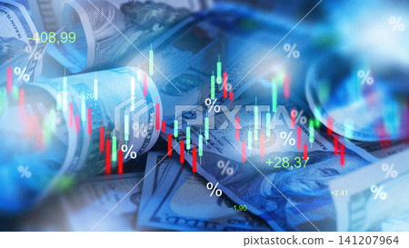 Chart showing money trends with cash and percentage indicators in a financial setting Chart showing money trends with cash and percentage indicators in a financial setting 141207964