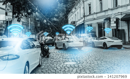 Surveillance technology detects vehicles on a busy city street with connected signals Surveillance technology detects vehicles on a busy city street with connected signals 141207969