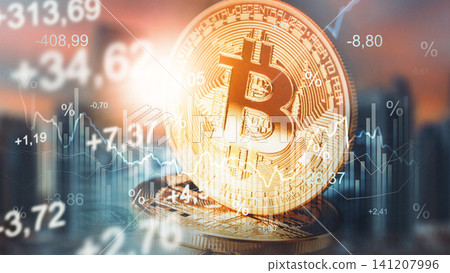 Chart showing coin growth and decline during recession with money values and Bitcoin symbol Chart showing coin growth and decline during recession with money values and Bitcoin symbol 141207996
