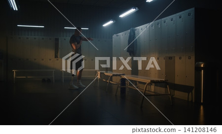 Adaptive Athlete with Leg Prosthesis Warming Up and Getting Ready for Gym Workout Adaptive Athlete with Leg Prosthesis Warming Up and Getting Ready for Gym Workout 141208146