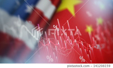 Data on money changes and economy trends shown with flags of US and China in the background Data on money changes and economy trends shown with flags of US and China in the background 141208159