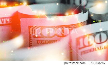 Chart showing money flow during recession times with hundred dollar bills visible Chart showing money flow during recession times with hundred dollar bills visible 141208287