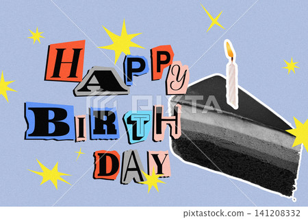 Happy birthday celebration with cake and decorations in a cheerful setting 141208332