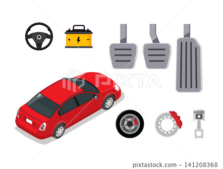 isometric red sedan car and mechanical auto parts collection isometric red sedan car and mechanical auto parts collection 141208368