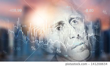 Chart showing money trends with recession indicators and background cityscape at sunset Chart showing money trends with recession indicators and background cityscape at sunset 141208634