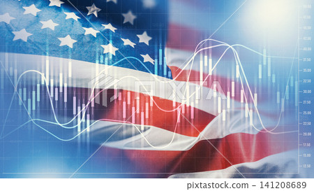 Chart shows money trends with a flag backdrop reflecting economic conditions in the market 141208689