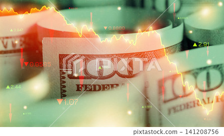 Chart shows money and recession trends with dollar bills in focus and financial data behind them Chart shows money and recession trends with dollar bills in focus and financial data behind them 141208756