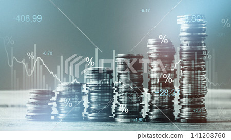 Chart showing money trends with stack of coins during recession period Chart showing money trends with stack of coins during recession period 141208760
