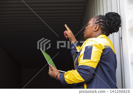 Black foreman woman worker checking stock at container yard, holding laptop computer operate loading containers. Logistics import export shipping concept. Black foreman woman worker checking stock at container yard, holding laptop computer operate loading containers. Logistics import export shipping concept. 141208828