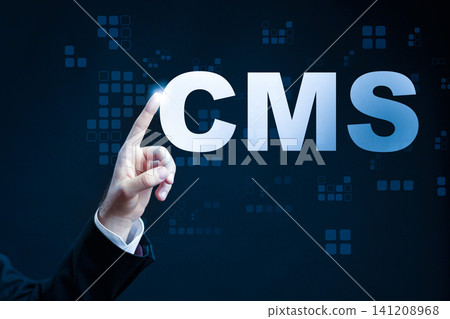 Finger touching CMS text for digital content management system activation Finger touching CMS text for digital content management system activation 141208968