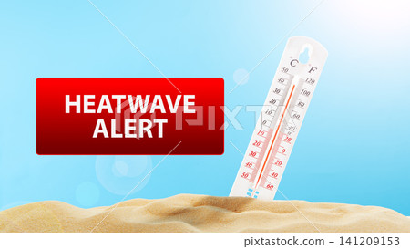 Heatwave alert shows thermometer reaching high temperatures with clear blue sky in background Heatwave alert shows thermometer reaching high temperatures with clear blue sky in background 141209153