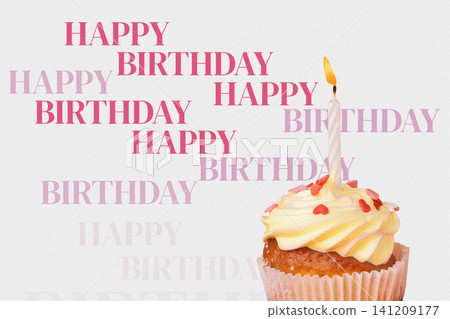 Happy birthday celebration with a cake and a lit candle in a festive setting 141209177