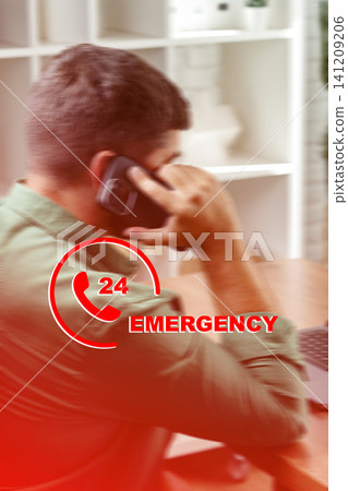 Emergency service worker on the phone during an urgent situation in the office Emergency service worker on the phone during an urgent situation in the office 141209206