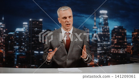 Professional News Presenter in Grey Jacket and Red Tie Delivering in depth News Analysis Professional News Presenter in Grey Jacket and Red Tie Delivering in depth News Analysis 141209361