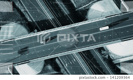 Traffic surveillance captures vehicles on busy road with aerial view of intersection Traffic surveillance captures vehicles on busy road with aerial view of intersection 141209364