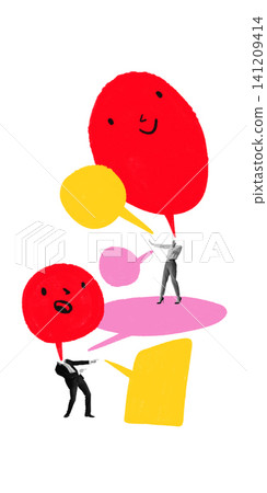 Professionals arguing and pointing between oversized colorful speech bubbles. Professionals arguing and pointing between oversized colorful speech bubbles. 141209414