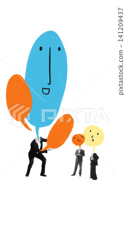 Executive presenter addressing small professional audience through oversized speech bubbles Executive presenter addressing small professional audience through oversized speech bubbles 141209437