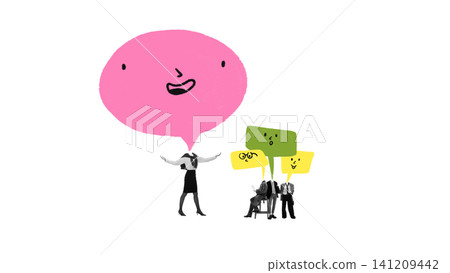 Presenter addressing professional team through oversized colorful speech bubbles. Presenter addressing professional team through oversized colorful speech bubbles. 141209442
