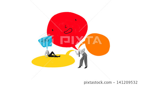 Professionals interacting through overlapping colorful speech bubbles on white background. Professionals interacting through overlapping colorful speech bubbles on white background. 141209532