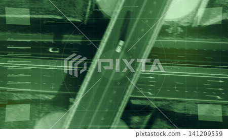 Surveillance view of a highway showing traffic patterns and vehicle movement Surveillance view of a highway showing traffic patterns and vehicle movement 141209559