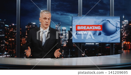Confident Mature Male Journalist Presenting Urgent News Coverage in Professional Television Studio Confident Mature Male Journalist Presenting Urgent News Coverage in Professional Television Studio 141209695