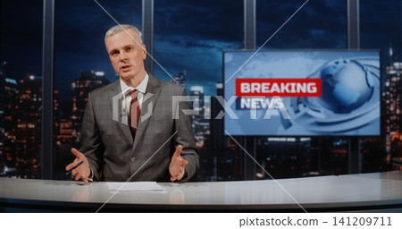 Professional National News Marathon Presenter Reporting Live on International Events 141209711