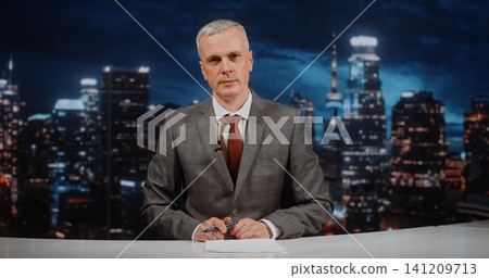 Professional News Presenter in Grey Jacket and Red Tie Delivering in depth News Analysis Professional News Presenter in Grey Jacket and Red Tie Delivering in depth News Analysis 141209713