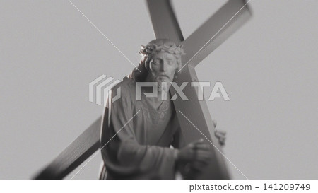 Cinematic Portrait of Jesus Christ Statue Carrying Cross for Christian Holiday Background Cinematic Portrait of Jesus Christ Statue Carrying Cross for Christian Holiday Background 141209749