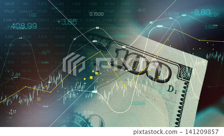 Chart shows money movement during recession with graphics and hundred-dollar bill 141209857