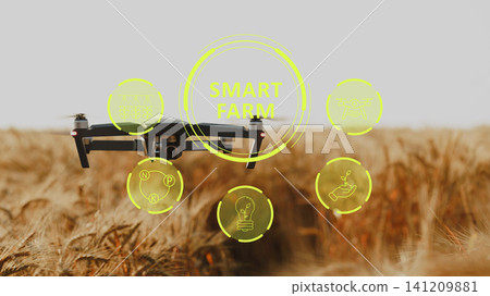 Drone flying over a smart farm demonstrating modern agricultural technology in action Drone flying over a smart farm demonstrating modern agricultural technology in action 141209881