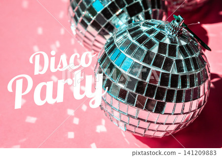 Celebration for a happy birthday with disco theme and shiny decorations Celebration for a happy birthday with disco theme and shiny decorations 141209883