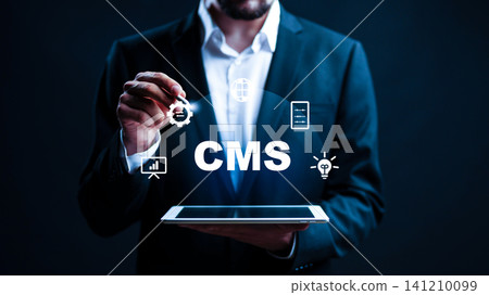 Business professional works with digital tools for content management system in office Business professional works with digital tools for content management system in office 141210099