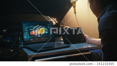 Female Mechanic Monitoring 3D Vehicle Simulation and Performance Logs on Multiple Devices Female Mechanic Monitoring 3D Vehicle Simulation and Performance Logs on Multiple Devices 141210305